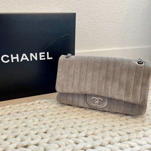 CHANEL Grey Gray Suede Flap Bag Silver Chain